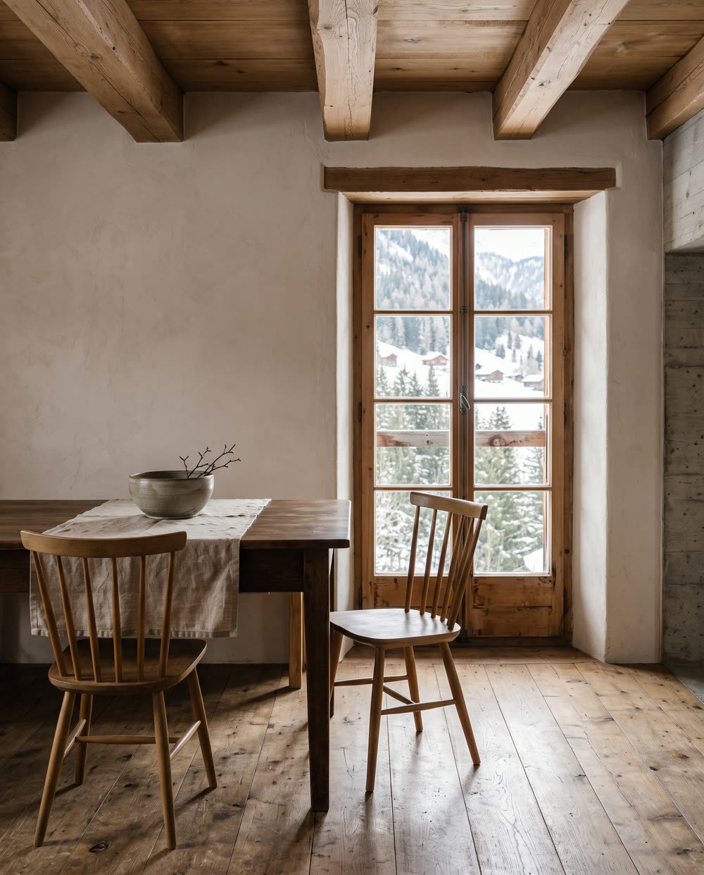 Coin repas de la Maison Combe, table de chêne face à la vallée